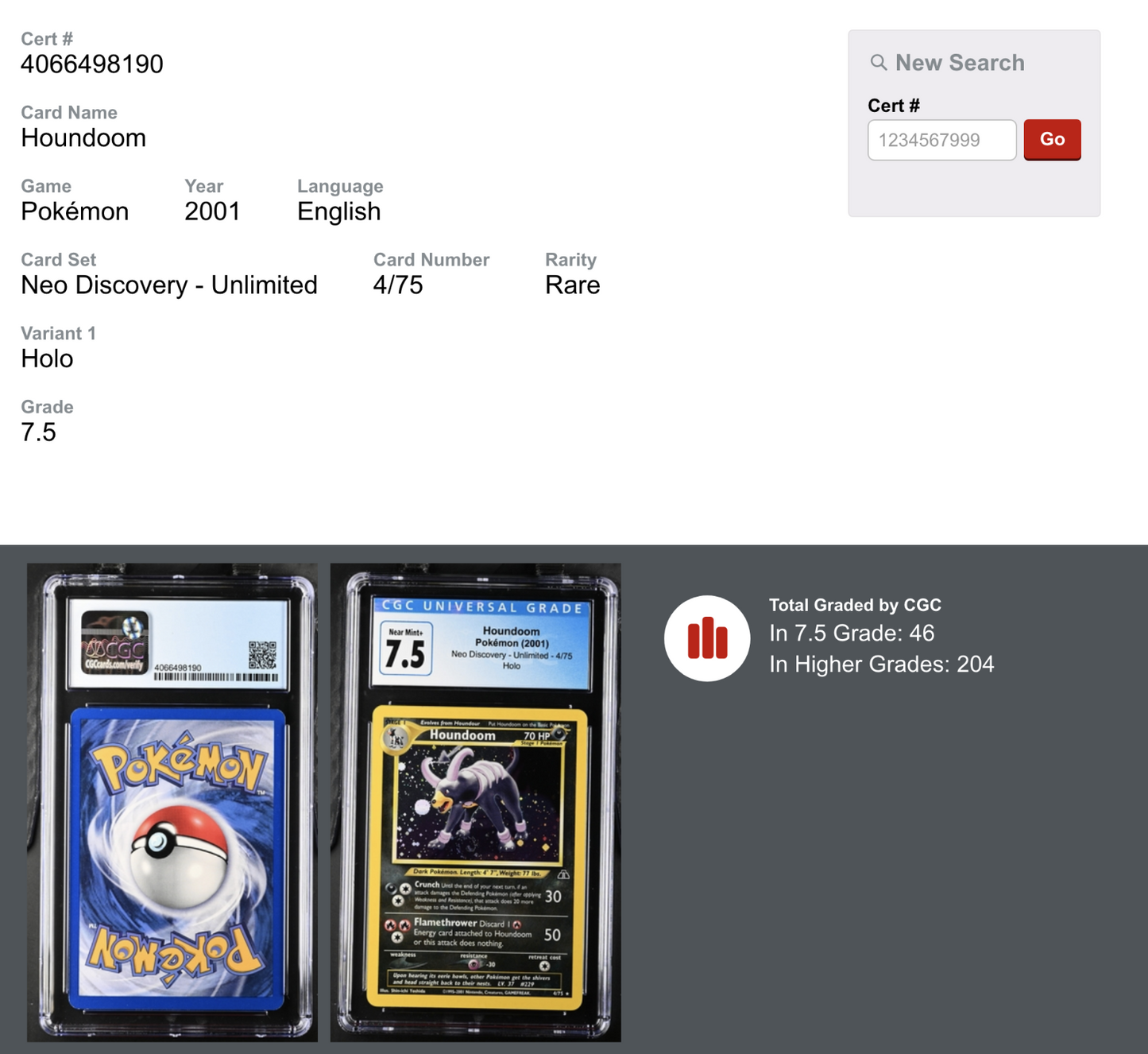 2001 CGC 7.5 Pokémon Neo Discovery Houndoom w SWIRL 4/75 English Holo NM+ WOTC